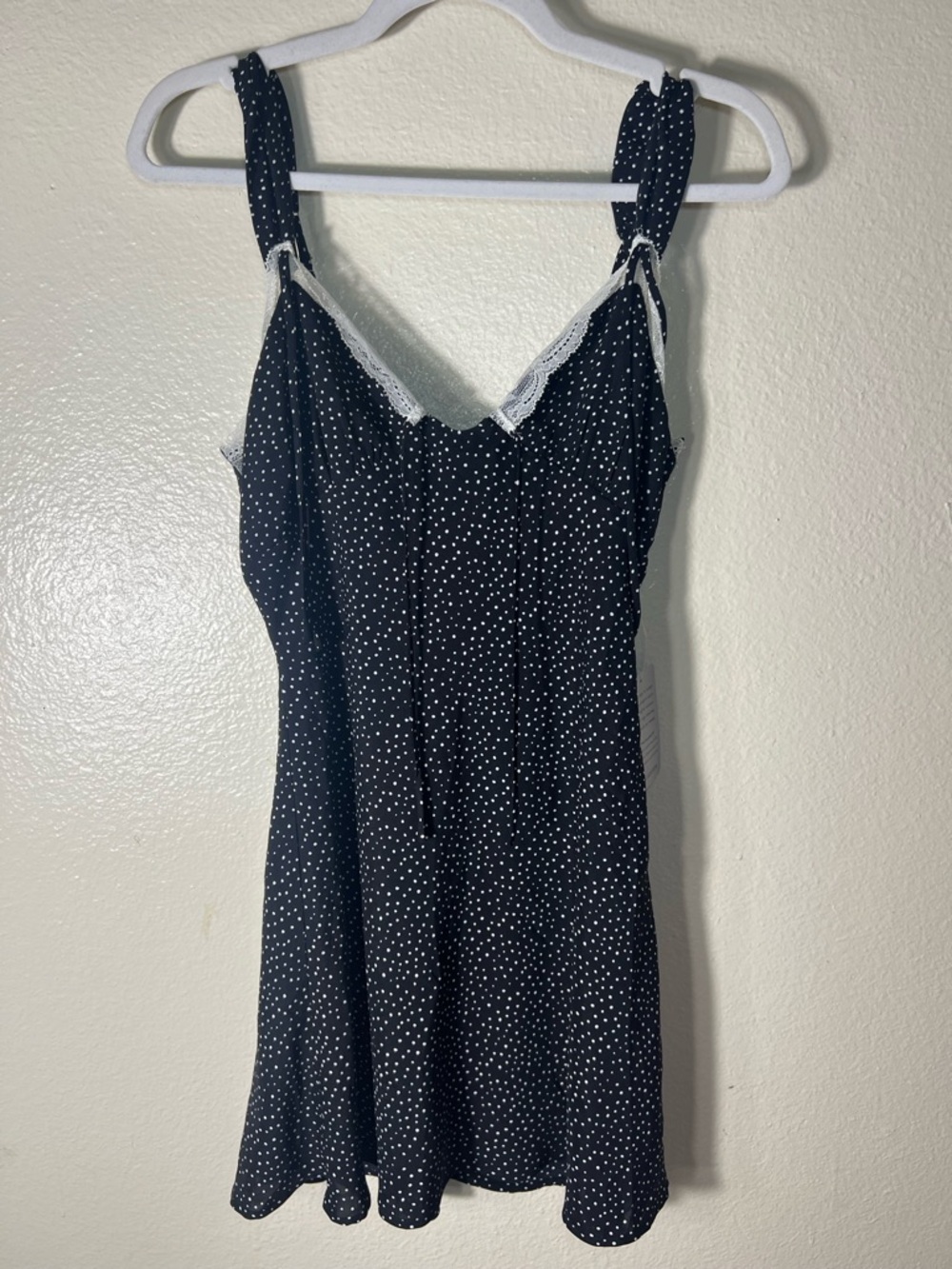 Lush Black Polka Dot Tie-Strap Slip Dress with Lace Trim size S